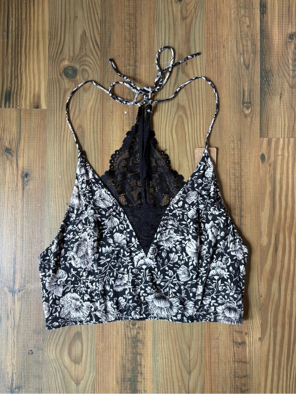 Free People Black and Cream Floral Lace Halter Crop Top Sz M